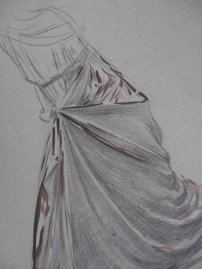 Léopold Franz KOWALSKI: Le drapé de jupe relevée, dessin original 2