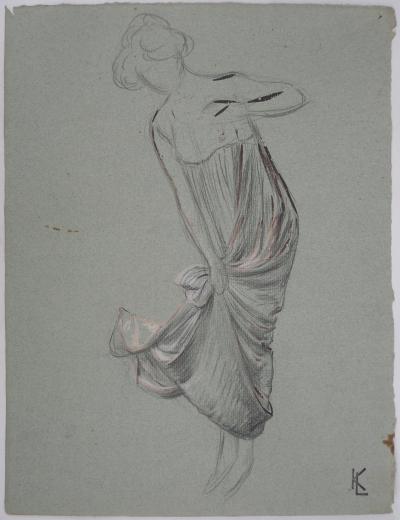 Léopold Franz KOWALSKI: Étude du drapé du jupon relevé, dessin original 2