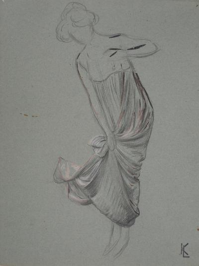 Léopold Franz KOWALSKI: Étude du drapé du jupon relevé, dessin original 2
