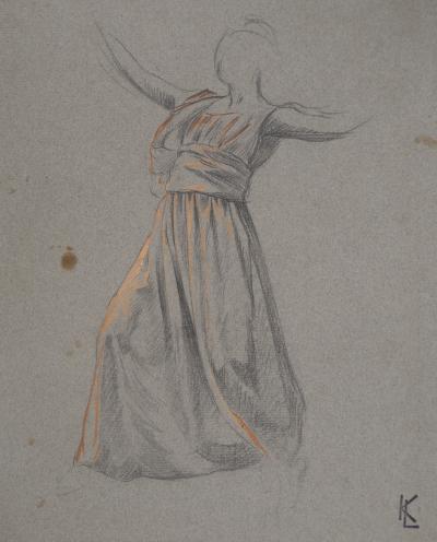 Léopold Franz KOWALSKI: Étude du drapé de la robe, en mouvement, dessin original 2