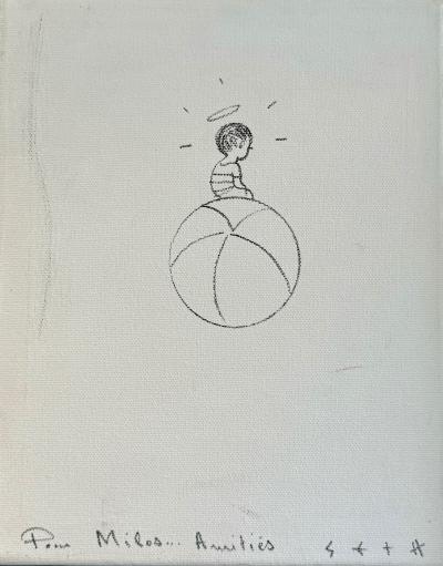 Seth - Garçon sur ballon - Dessin au feutre sur toile, Signé - 2018 2