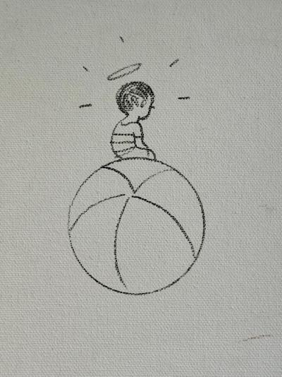Seth - Garçon sur ballon - Dessin au feutre sur toile, Signé - 2018 2