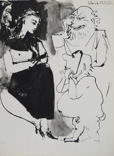Pablo PICASSO: Human Comedy, Sewing woman and little man with a mask, Heliogravure 2
