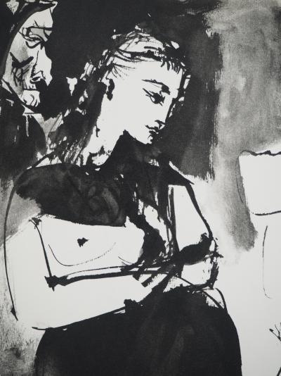 Pablo PICASSO: Human Comedy, Sewing woman and little man with a mask, Heliogravure 2