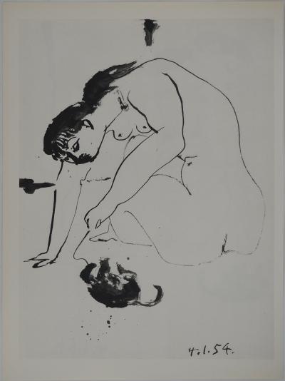 Pablo PICASSO : Comédie Humaine, La muse prenant la pose avec un chat, Héliogravure 2