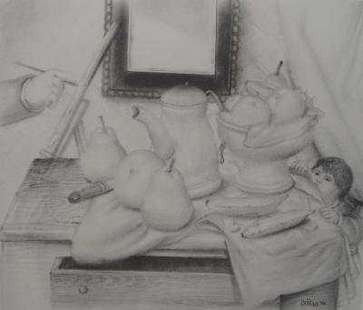 Fernando BOTERO : Peintre exécutant une nature morte et enfant, Héliogravure signée 2