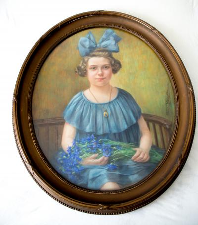 Aline Boisset . jeune fille au bouquet bleu .pastel sur papier .vers 1940 2