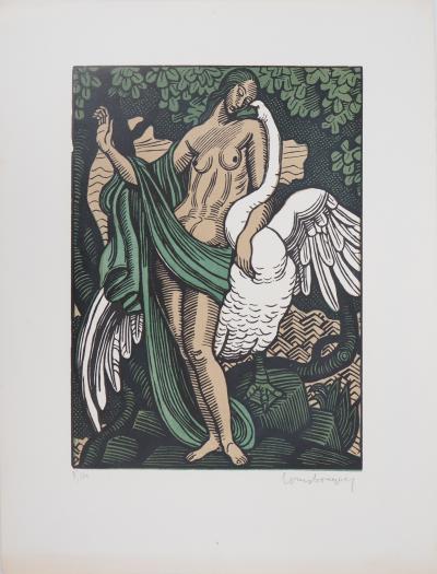 Louis BOUQUET:  Mythologie, Léga et le cygne - Bois gravé original signé 2