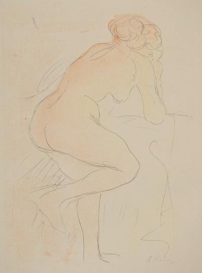 Auguste RODIN : Nu appuyé sur un fauteuil, Lithographie et pochoir signé 2