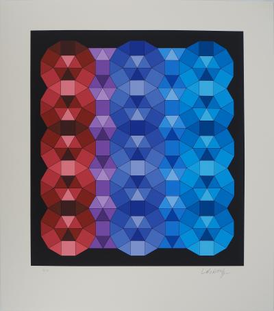 Victor VASARELY : Composition cinétique en rouge, noir et violet, Sérigraphie originale signée