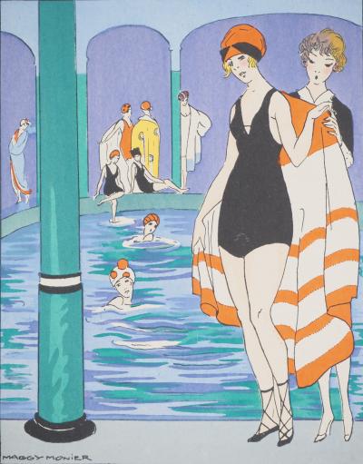 Maggy MONIER : Art déco, Piscine select, Lithographie et pochoir signée 2