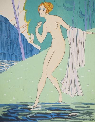 Maggy MONIER : Art déco, Baignade en extérieure, Lithographie et pochoir signée 2