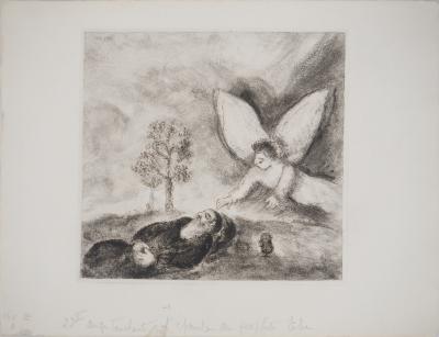 Marc CHAGALL : Elie touché par un ange, Gravure originale réhaussée et signée