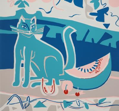 Françoise GILOT : Table de cuisine, Chat et Fruits, Sérigraphie originale 2