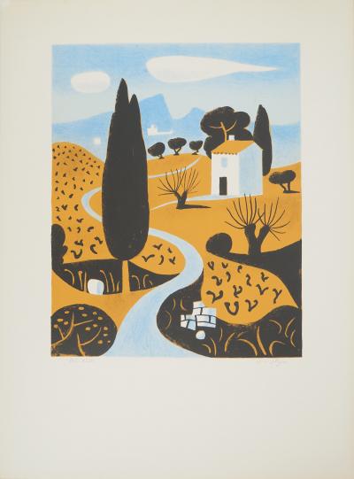 Jean HUGO : Paysage de Provence au cyprès, Lithographie originale signée 2