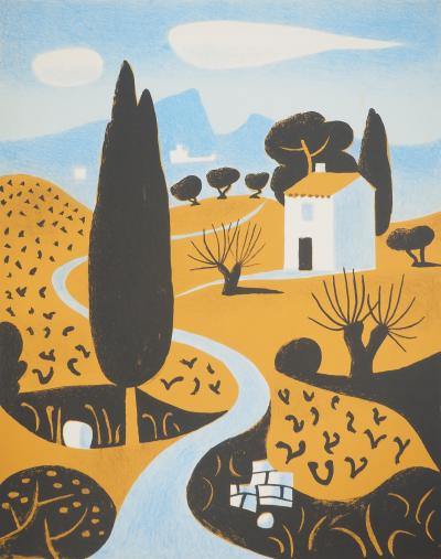 Jean HUGO : Paysage de Provence au cyprès, Lithographie originale signée 2
