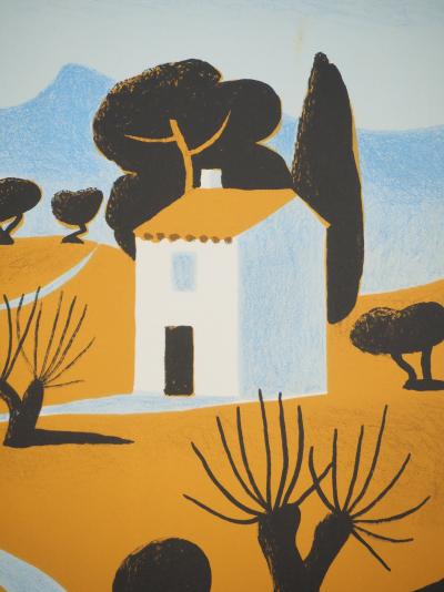 Jean HUGO : Paysage de Provence au cyprès, Lithographie originale signée 2