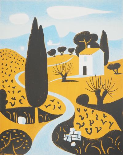 Jean HUGO : Paysage de Provence au cyprès, Affiche en lithographie 2