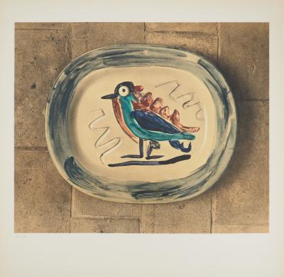 Pablo PICASSO: Madoura-Keramik, Bunter Vogel, Lithographie