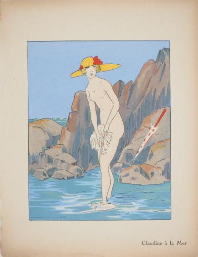 Maggy MONIER : Art déco, Claudine à la mer, Lithographie et pochoir signée 2
