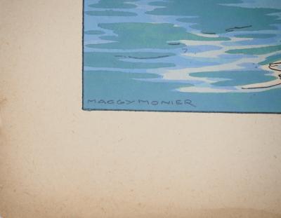Maggy MONIER : Art déco, Claudine à la mer, Lithographie et pochoir signée 2