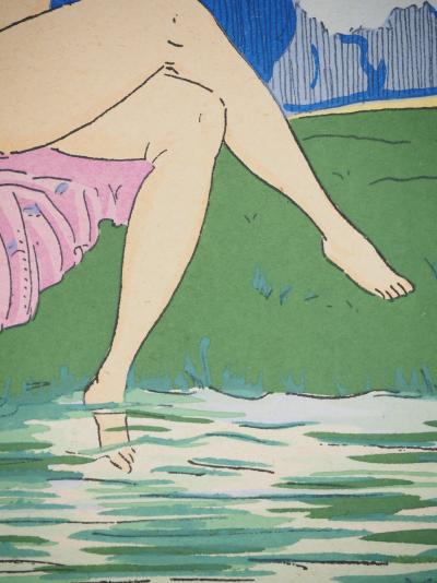 Maggy MONIER : Art déco, Réflexion auprès du ruisseau, Lithographie et pochoir signée 2