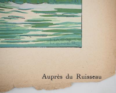 Maggy MONIER : Art déco, Réflexion auprès du ruisseau, Lithographie et pochoir signée 2