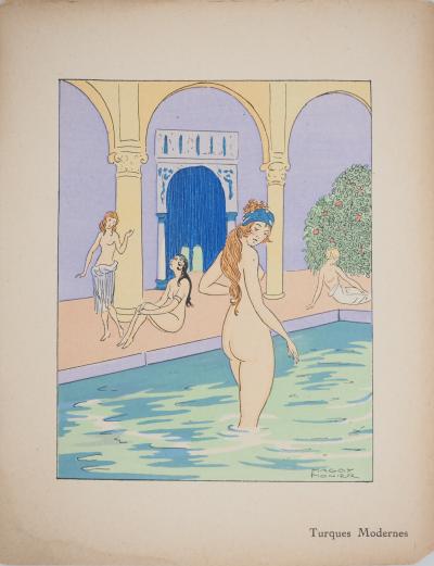 Maggy MONIER : Art déco, Bain turc entre femmes, Lithographie et pochoir signée