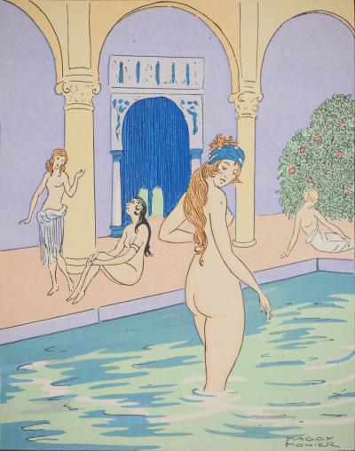 Maggy MONIER : Art déco, Bain turc entre femmes, Lithographie et pochoir signée 2