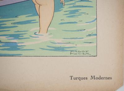 Maggy MONIER : Art déco, Bain turc entre femmes, Lithographie et pochoir signée 2