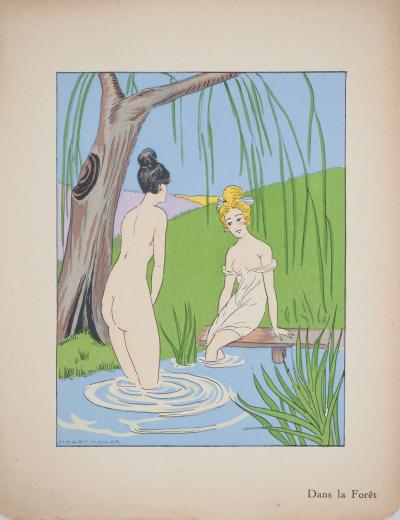 Maggy MONIER : Art déco, Bain dans la forêt, Lithographie et pochoir signée 2