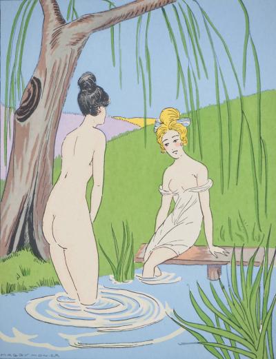 Maggy MONIER : Art déco, Bain dans la forêt, Lithographie et pochoir signée 2