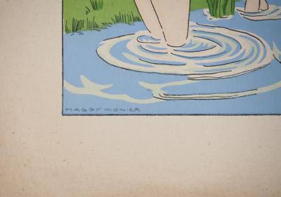 Maggy MONIER : Art déco, Bain dans la forêt, Lithographie et pochoir signée 2