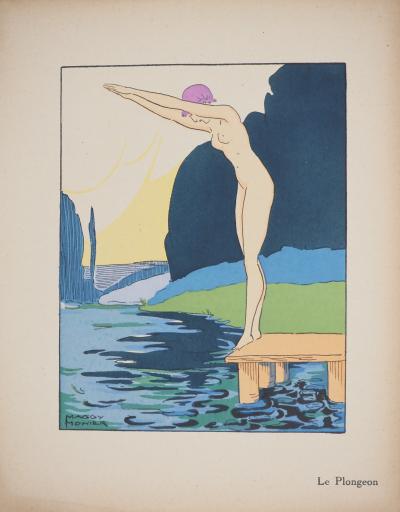 Maggy MONIER : Art déco, Le plongeon, Lithographie et pochoir signée 2