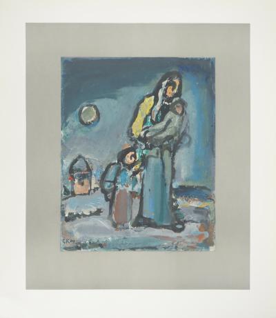 Georges ROUAULT : L'Hiver, Famille marchant dans la neige, Lithographie et pochoir signée 2