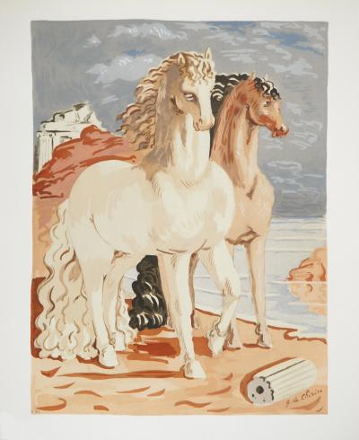 Giorgio De CHIRICO : Couple de chevaux dans un paysage mythologique, Lithographie et pochoir signée 2