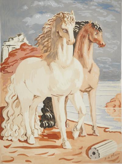 Giorgio De CHIRICO : Couple de chevaux dans un paysage mythologique, Lithographie et pochoir signée 2