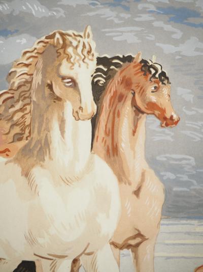 Giorgio De CHIRICO : Couple de chevaux dans un paysage mythologique, Lithographie et pochoir signée 2