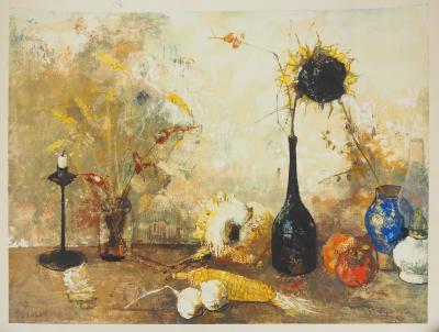 Jean JANSEM : Nature morte au tournesol, Lithographie et pochoir signée 2