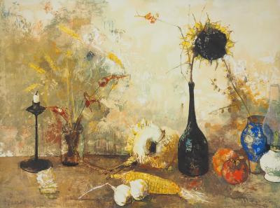 Jean JANSEM : Nature morte au tournesol, Lithographie et pochoir signée 2