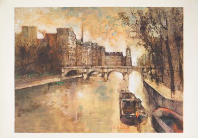 Michel DE GALLARD : Paris, Le Pont Neuf, Lithographie et pochoir signée 2