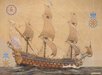 Durand CHAPRON : La Caravelle et les points cardinaux, Lithographie et pochoir signée 2