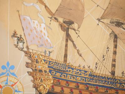 Durand CHAPRON : La Caravelle et les points cardinaux, Lithographie et pochoir signée 2