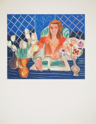 Henri MATISSE : Lecture sur un bureau fleuri, Lithographie signée 2