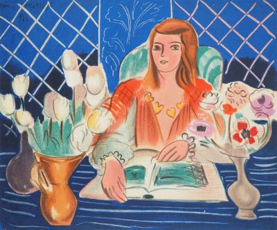 Henri MATISSE : Lecture sur un bureau fleuri, Lithographie signée 2