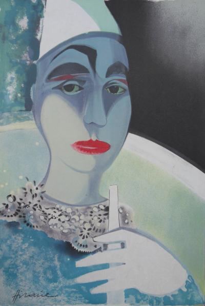 Camille HILAIRE : Pierrot blanc musicien, Lithographie originale signée