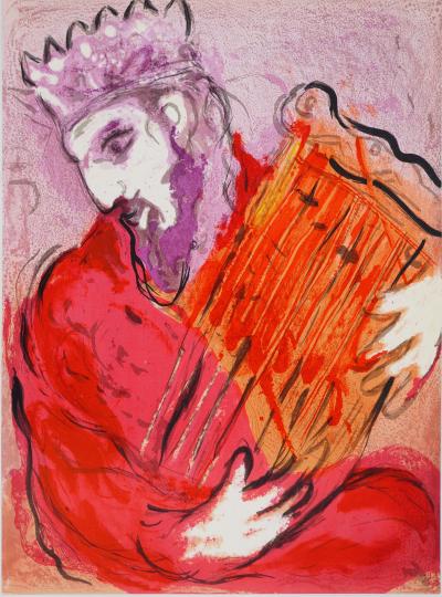 Marc CHAGALL : La Bible, Le roi à la harpe, Lithographie originale 2