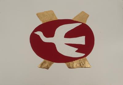 Georges BRAQUE : Colombe volant au coucher de soleil, Gravure réhaussée à l’or
