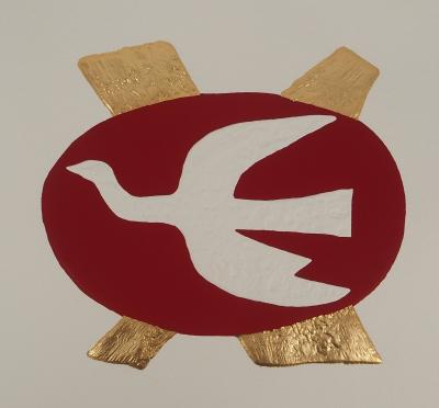 Georges BRAQUE : Colombe volant au coucher de soleil, Gravure réhaussée à l’or 2