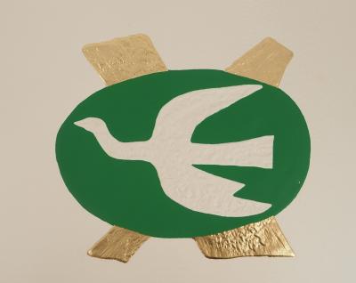 Georges BRAQUE : La colombe sur fond vert, Gravure réhaussée à l’or 2